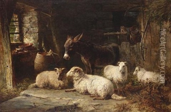 A Welsh Interior With Sheep And Donkey Oil Painting - George Cole