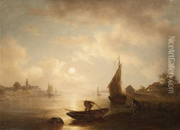 A River Landscape By Moonlight Oil Painting - Wilhelm Brandenburg