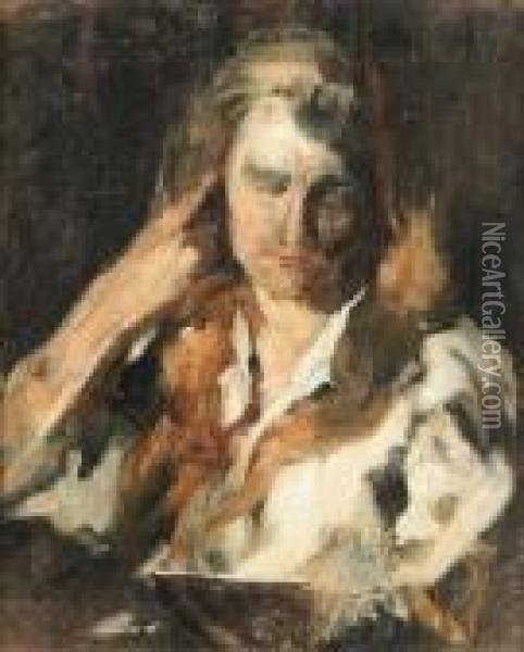 Portrat Einer Frau Mit Buch. Oil Painting - Gyula Benczur