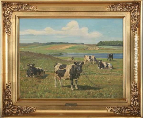 Landscape With Cows Oil Painting - Rasmus Christiansen