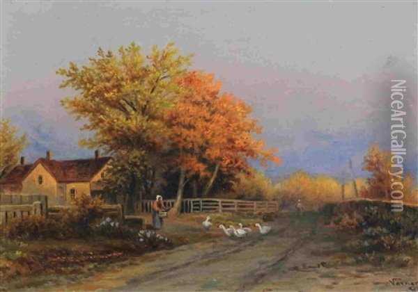 Farmhouse With Figures And Geese On A Country Path Oil Painting - Frederick Arthur Verner