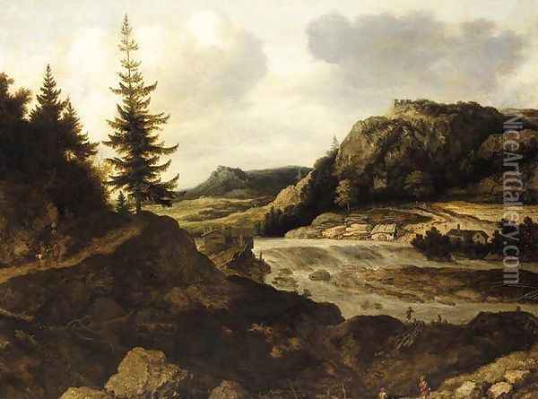Mountainous River Landscape c. 1660 Oil Painting - Allaert van Everdingen