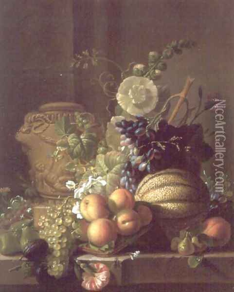 A Still Life of a Melon, Peaches, Figs, Plums, Grapes and Other Fruit on a Marble Ledge Oil Painting - Jean-Louis Prevost