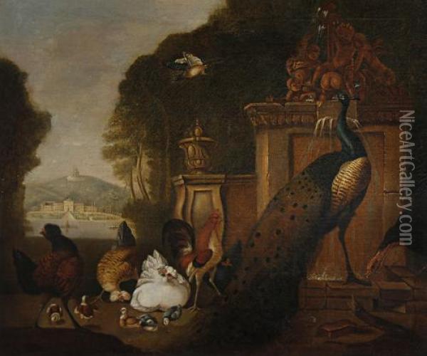 A Peacock And Fowl In A Park Landscape Oil Painting - Melchior de Hondecoeter