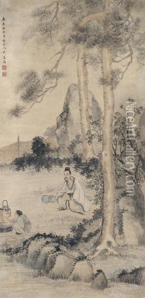 Brewing Tea Under Pines Oil Painting - Gao Jian