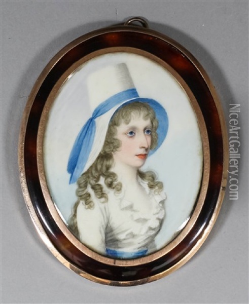 Miniature Shoulder-length Portrait Of A Young Woman Wearing A Fashionable Hat With A Blue Ribbon Oil Painting - Frederick Buck