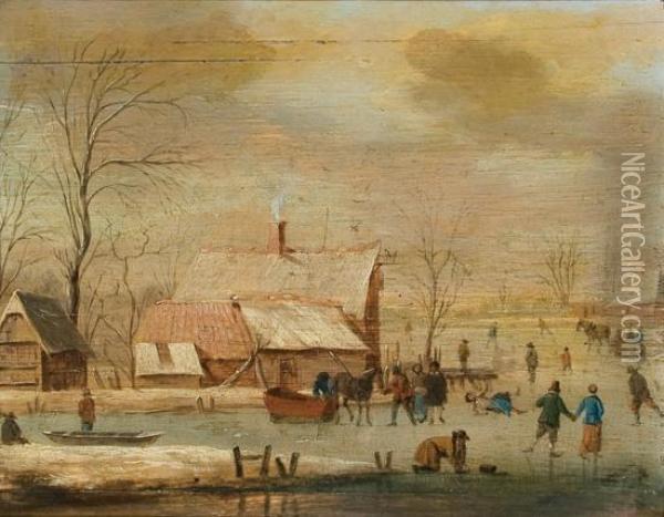 Figures Skating Near A Village Oil Painting - Aert van der Neer
