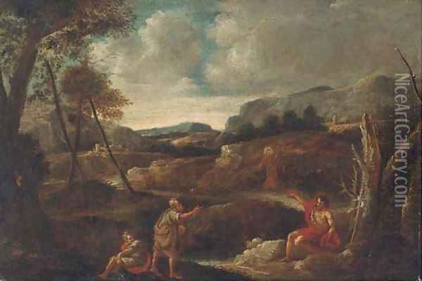 Christ and Saint John the Baptist in a landscape with other figures Oil Painting - Gaspard Dughet