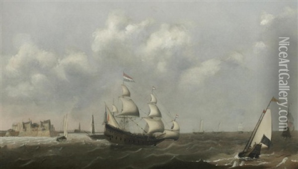 A Dutch Threemaster And Other Shipping In Choppy Waters, A View Of Fort Rammekens, Off The Coast Of Flushing, In The Background Oil Painting - Claes Claesz Wou