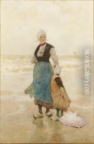 Breton Girls On The Shore, Boulogne Oil Painting - Hector Caffieri