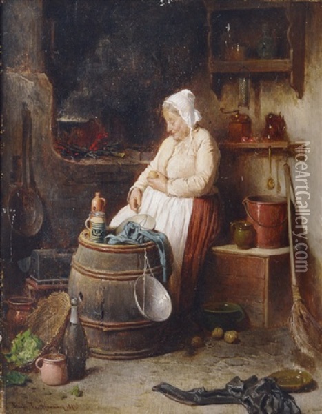 In The Kitchen Oil Painting - Friedrich Ritter von Malheim Friedlaender