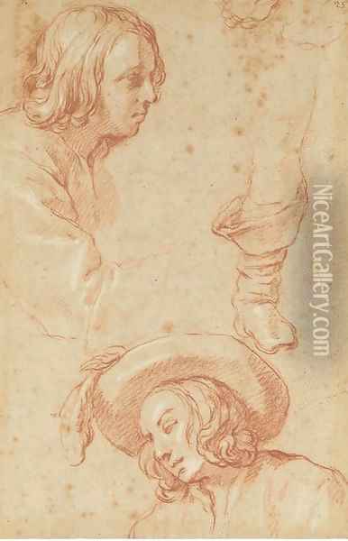 Studies of a boy, half-length, in profile to the right, and the same in a plumed hat looking down to the left, and a study of a right leg Oil Painting - Abraham Bloemaert