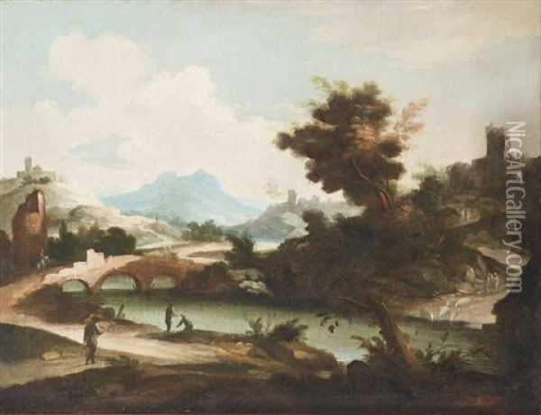 An Extensive River Landscape With Figures Fishing Oil Painting - Tomaso Porta