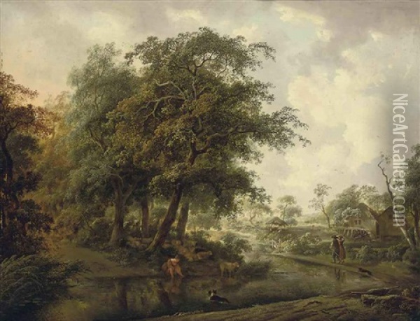 A Wooded River Landscape With Travellers On A Track, A Shepherdess And Her Flock On A Bank Oil Painting - Philipp Reinagle