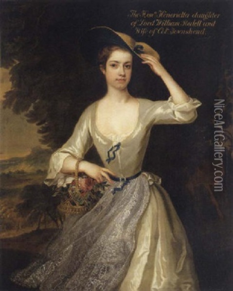 Portrait Of The Hon. Henrietta Townshend In A Landscape, Wearing A White Satin Dress With A Lace Apron And A Straw Hat Oil Painting - Charles Jervas