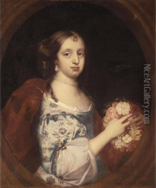 Portrait Of A Young Lady, Half 
Length, Wearing A Blue Embroidered Dress And Holding A Posy Of Flowers Oil Painting - Jacob Huysmans