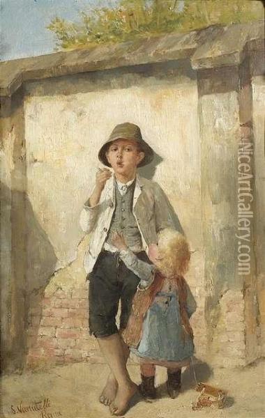 The First Cigarette. A Smoking Boy With His Little Sister Oil Painting - Scipione Vannutelli