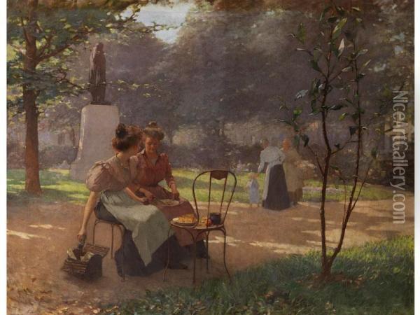 Zwei Junge Madchen Im Park Oil Painting - Albert Cresswell