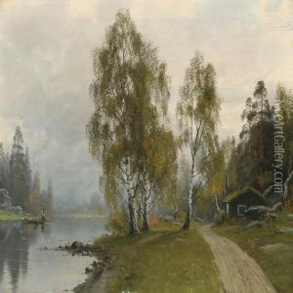 Norwegian Landscape With Two Fishermen At A Lake Oil Painting - Olaf Nordlien