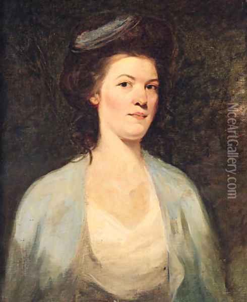 Portrait Of A Lady, Half-Length, In A White And Blue Dress Oil Painting - George Romney