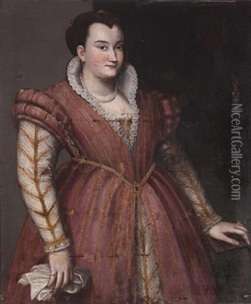 A Portrait Of A Noblewoman, Three-quarter Length, Wearing A Gold And Red Brocade Dress Oil Painting - Lavinia Fontana