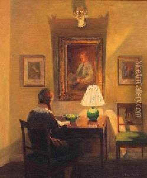 Reading By Lamplight Oil Painting - Robert Panitzsch