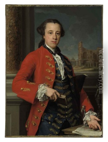 Portrait Of A Gentleman In A Red Coat And A Blue Waistcoat With Gold Embroidery, Holding A Book And A Tricorn Hat, With A Bronze Statuette... Oil Painting - Pompeo Girolamo Batoni