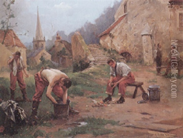 Soldaten Bei Der Morgendlichen Wasche In Einem Malerischen Kirchdorf Oil Painting - Alexandre Bloch