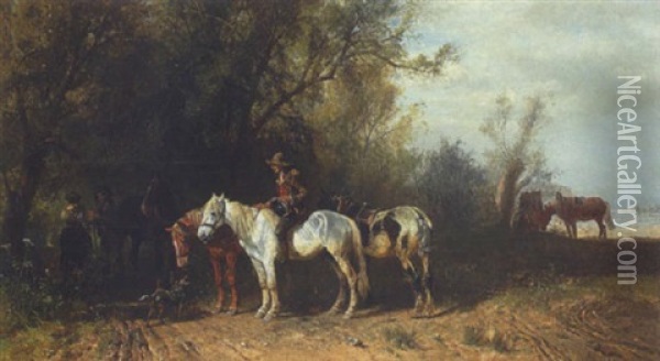 Bauern Mit Pferden Bei Der Rast Oil Painting - Ludwig Hartmann
