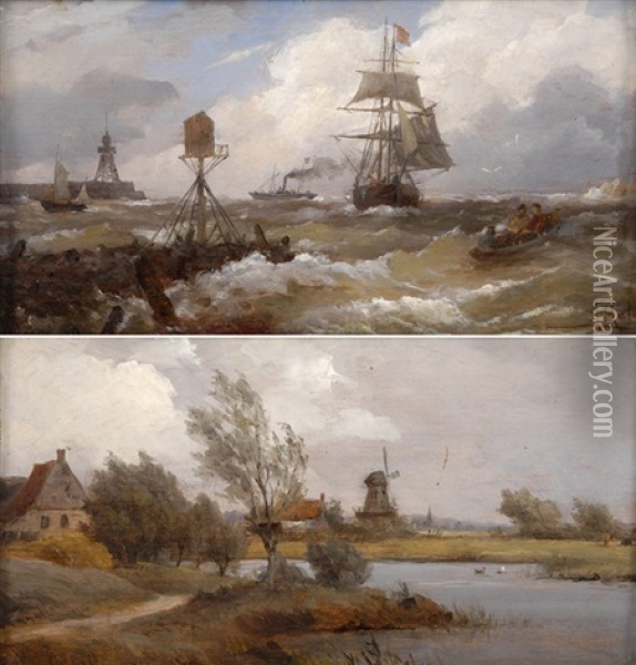 Kleine Marine (+ Fluslandschaft; 2 Works) Oil Painting - Albert Halle