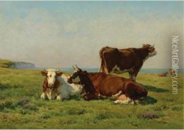 Cows Grazing By The Sea Oil Painting - Juliette Peyrol Bonheur