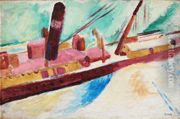 Red Boat - View From The Studio Towards Stadsgardskajen Oil Painting - Sigrid (Maria) Hjerten