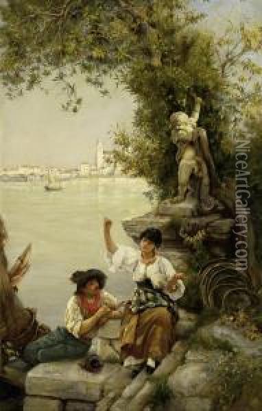 A Young Couple Fishing In The Lagoon Oil Painting - Stefano Novo