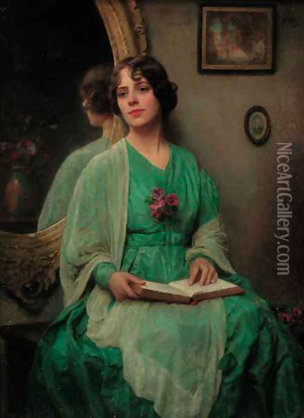 Portrait of a lady, three-quarter-length, in a green dress Oil Painting - English School