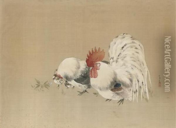 In Sumi, Gofun And Colours On Silk, Depicting A Cockerel, Hen And Chicks Beside Flowers -- 19Â¾in. X 27in. , Signed And Sealed, Mounted And Framed And Glazed Oil Painting - Seiti Shotei Watanabe