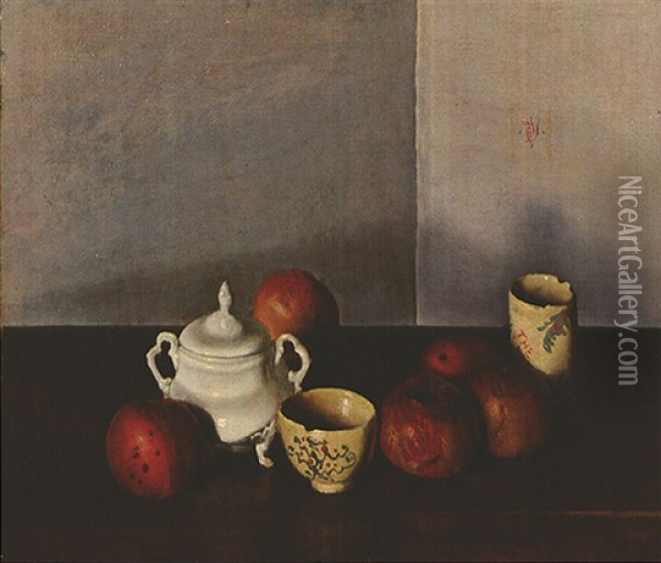 Still Life (sugar, Leach's Bowl And Teacup, Apples) Oil Painting - Ryusei Kishida