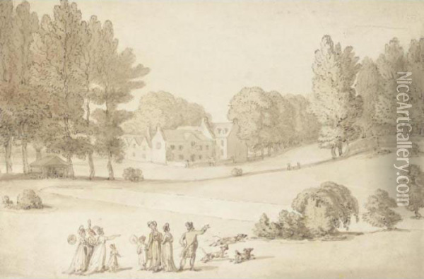 Figures Walking In The Grounds Of A Country House Oil Painting - Thomas Rowlandson