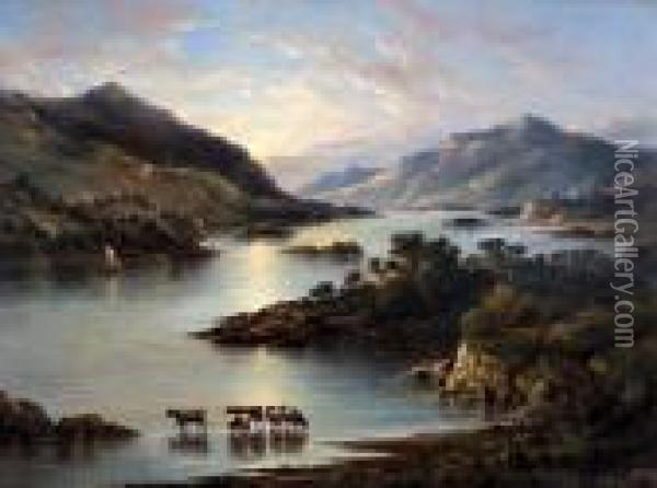 River Landscape With Inlet And Cattle Watering Oil Painting - John Moore Of Ipswich