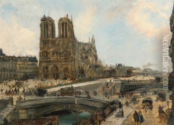 View Of Paris With Notre Dame Oil Painting - Edouard-Jacques Dufeu