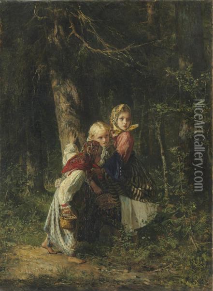 Peasant Girls In The Forest Oil Painting - Alexei Ivanovich Korzukhin