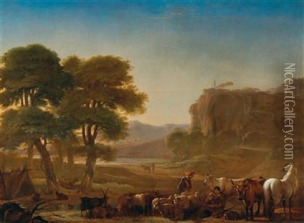 A View Of The Roman Campagna With Shepherds Resting With Their Livestock Oil Painting - Pieter Jacobsz. van Laer