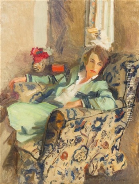 Woman Seated In Interior Oil Painting - Harrington Mann
