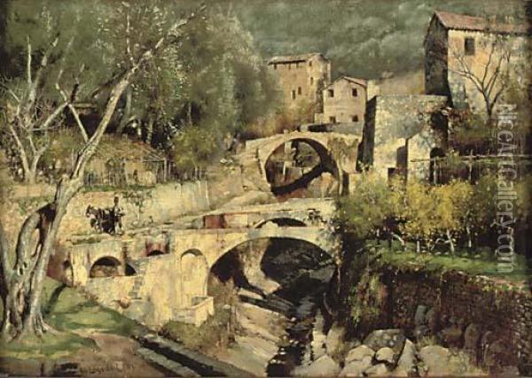 View Of A Mediterranean Village With Bridges And A Villager With His Donkey Oil Painting - William Logsdail