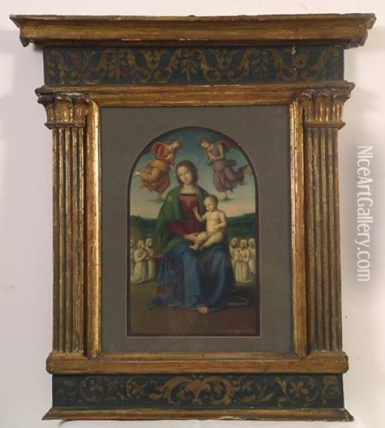 Madonna In Trono Col Bambino. Da Perugino. Oil Painting - Eliseo Tuderte Fattorini