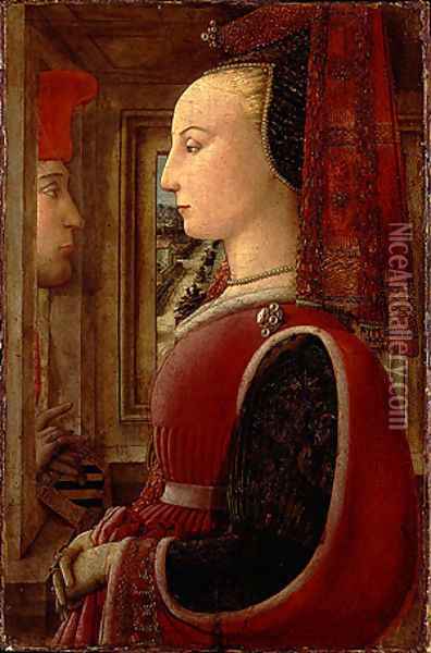 Portrait of a Woman and a Man at a Casement ca 1440 Oil Painting - Filippino Lippi