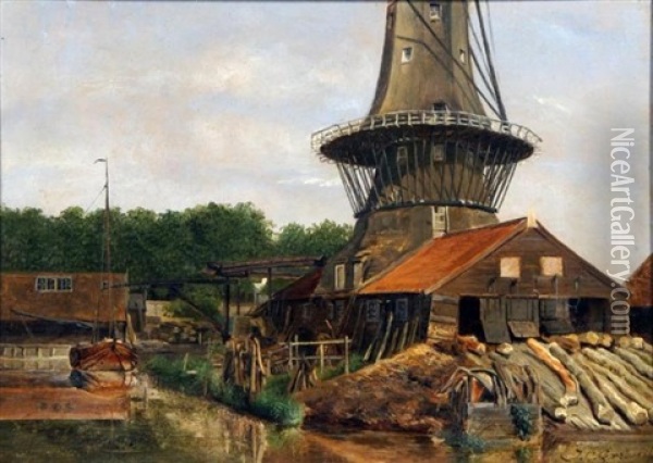 Landscape With Mill Oil Painting - Johan Conrad Greive