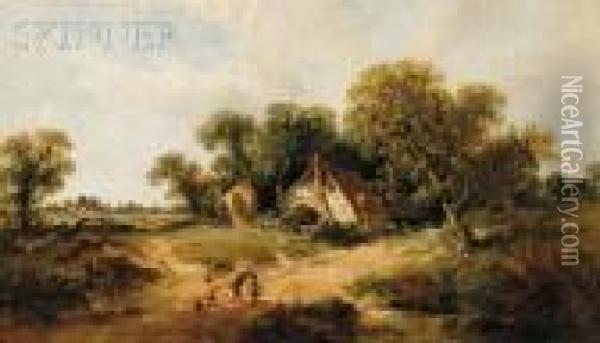 Landscape With Children Gathering Wheat Oil Painting - James Edwin Meadows