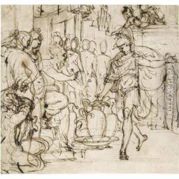 : Camillus And Brennus Oil Painting - Perino del Vaga (Pietro Bonaccors)