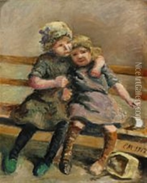 Two Girls On Bench Oil Painting - Emilie (Caroline E.) Mundt
