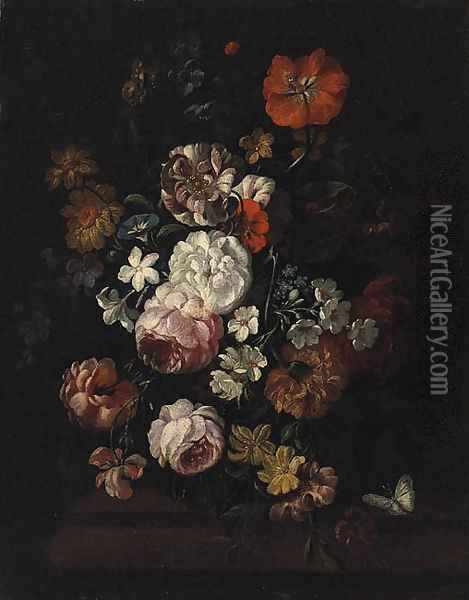 Pink and White Roses, a Poppy, Morning Glory and other Flowers in a Vase on a Ledge Oil Painting - Jean-Baptiste Monnoyer